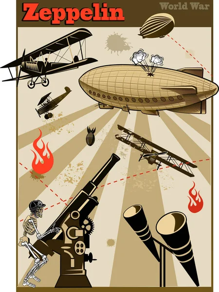 Klasik Dünya Savaşı Çift Kanatlı Uçaklar Zeppelin Dünya Savaşı — Stok Vektör