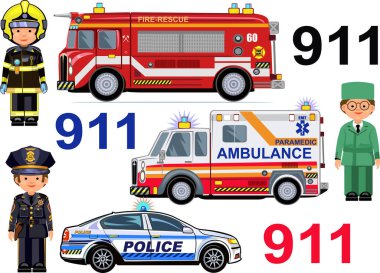 Kurtarma araçları, itfaiye aracı, ambulans polis arabaları. Paramedikçi itfaiyeci polis memuru