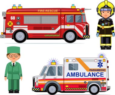 Kurtarma araçları, itfaiye aracı, ambulans arabaları. Sağlık görevlisi ve itfaiyeci.