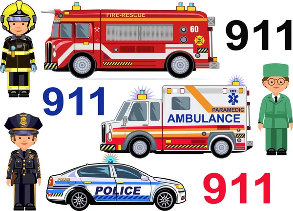 Спасательные Машины Пожарная Машина Полицейские Машины Скорой Помощи Пожарный Парамедик — стоковый вектор