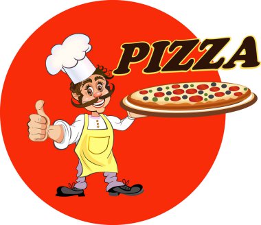 Pizza pişir. Şef pizza tutuyor.