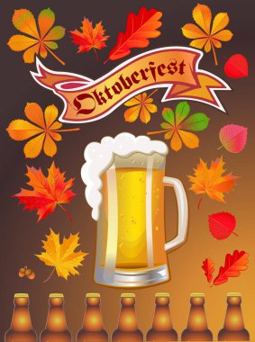 Celebration Oktoberfest with light beer mug and autumn leaves