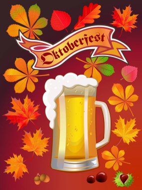Celebration Oktoberfest with light beer mug and autumn leaves