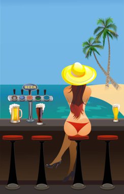 Plaj barındaki seksi kız. Kumsal partisi için davetiye tasarımı.