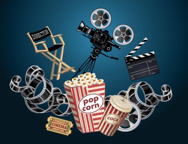 Film makaraları, el çırpma tahtası ve film projektörü 