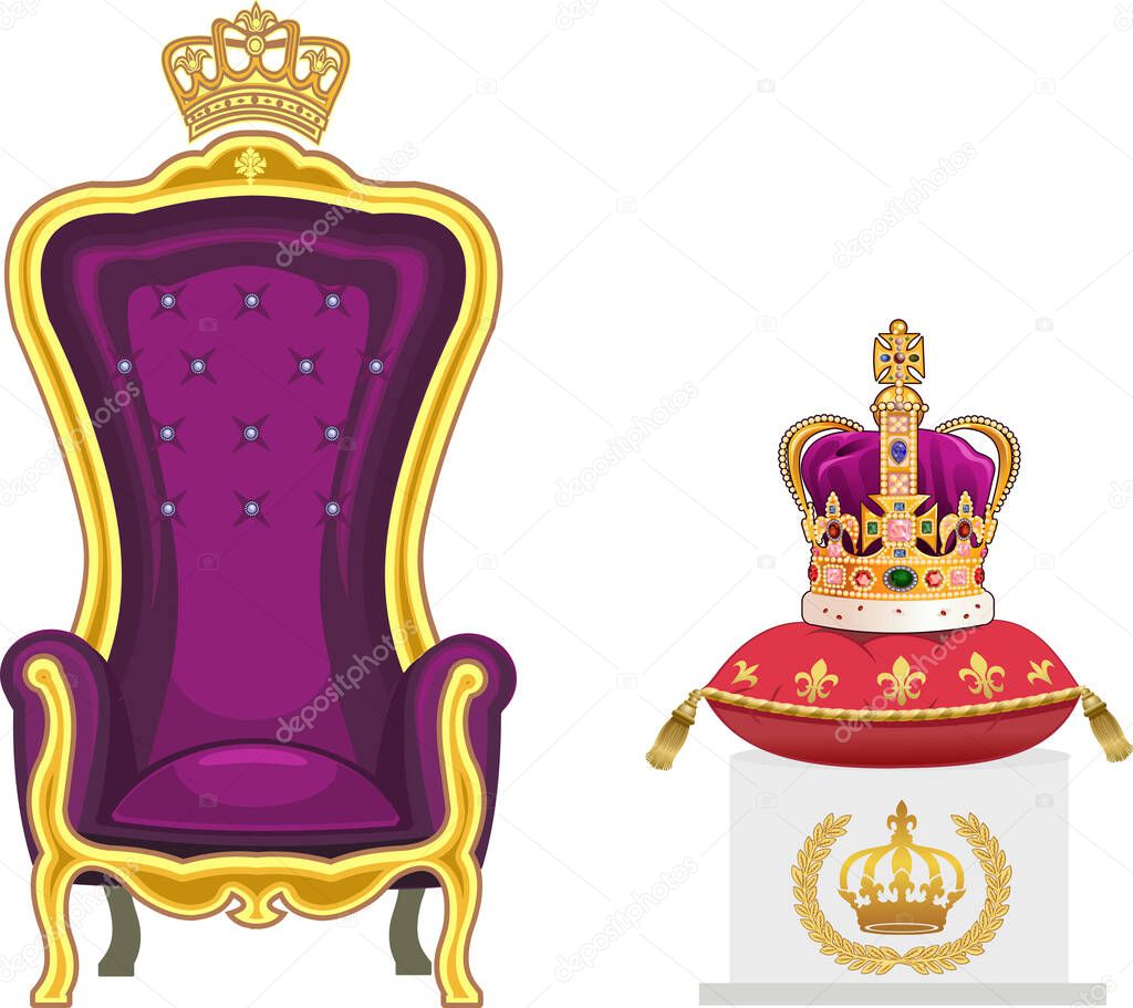 Crown and wreath. Royal Gold Crown. Throne with a crown at the top