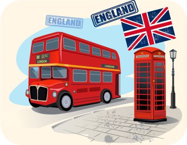 Londra 'da kırmızı telefon kulübesi ve kırmızı otobüs