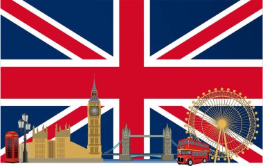 Londra Büyük Britanya bayrağında İngiliz sembollerinin çizimi