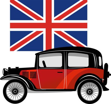 İngiliz bayrağı taşıyan eski küçük araba.