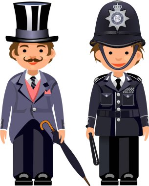 Çizgi film İngiliz beyefendisi & İngiliz metropolitan polis memurları. Geleneksel otantik kask 