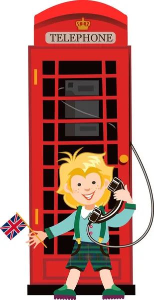 Κόκκινο Βρετανία Παλιό Τηλέφωνο Και Αγόρι — Διανυσματικό Αρχείο