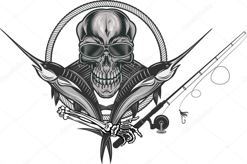 Crazy fishing. Skeleton fisherman catching marlin and tuna