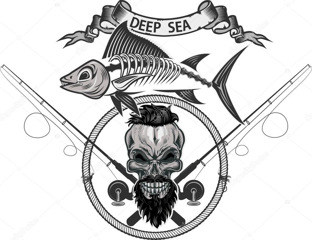 Crazy fishing. Skeleton fisherman catching marlin and tuna