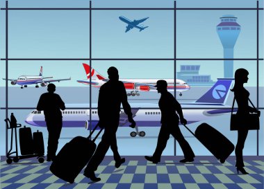 Havaalanı yolcu terminali. Havaalanı terminali. Uçaklarına koşan yolcular