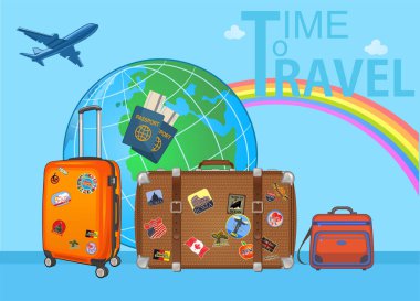 Havaalanında arka planda bir uçakla seyahat valizleri. Seyahat, İş