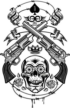 guns and roses. illustration tattoo guns and revolver