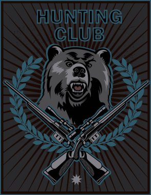 Eski avcı etiketleri. Logo ayısı ve silah.