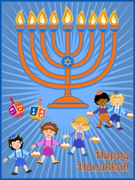 Jewish holiday Hanukkah greeting card traditional Chanukah symbols: dreidels (spinning top), Hebrew letters, donuts, menorah candles, oil jar, star David