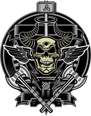 Thors Hammer & Kurukafa. Skull Vintage Gotik tarzı sanattan esinlenmiştir. Dövme tasarımı, modaya uygun aşk sembolü