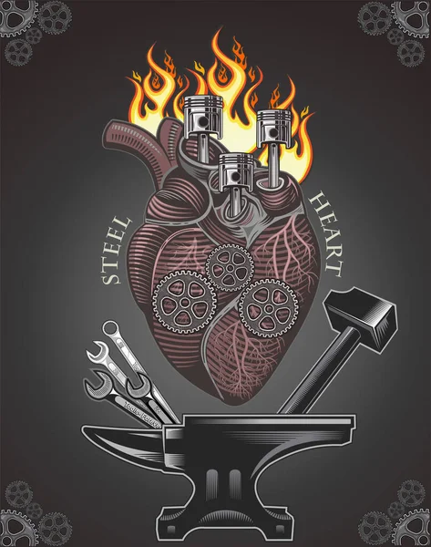 Mechanical heart. Emotions, love, feeling. Anatomic mechanic heart