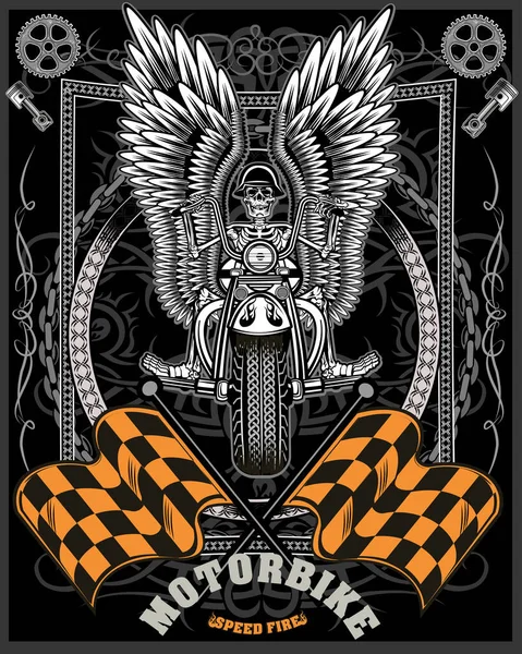 Squelette Sur Moto Illustration Étiquette Moto Vintage — Image vectorielle