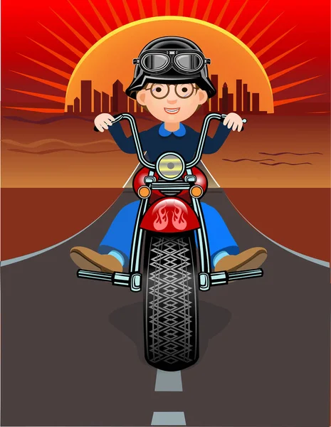 Αγόρι Οδήγηση Μοτοσικλέτας Στο Δρόμο — Διανυσματικό Αρχείο
