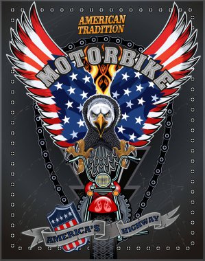 Motosiklet ve Amerikan Kartalı Amerikan Bayrağıyla İskelet Sürücü
