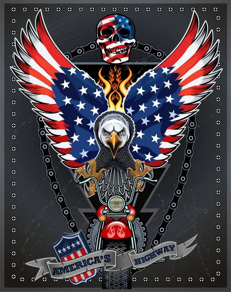 Motosiklet Amerikan Kartalı Amerikan Bayrağıyla Skelet Sürücü — Stok Vektör