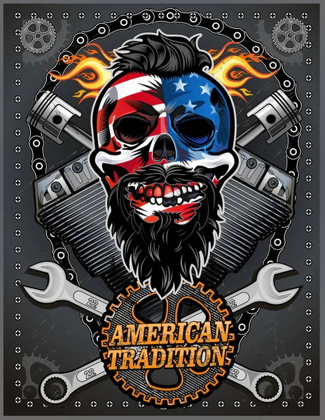 Vintage American Biker Skull Emblem — Stock Vector