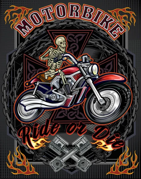 Motorrad Und Skeletonfahrer Vintage Biker Totenkopf Emblem — Stockvektor