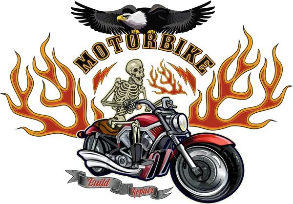 Μοτοσικλέτα Και Skeleton Rider Vintage Biker Skull Emblem — Διανυσματικό Αρχείο