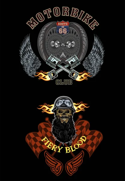 摩托车和骷髅骑士 古董车手骷髅标志 — 图库矢量图片