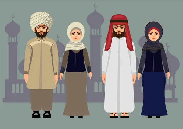 イスラム教徒の男性と女性の伝統的な服のベクトルイラスト — ストックベクタ