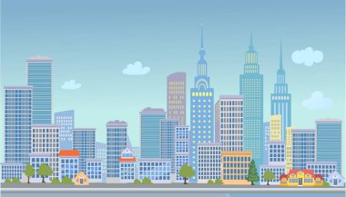 Şehir merkezi binaları ve arabası olan şehir manzarası caddesi. Kasabada ve dağda aile evleri ve arka planda yeşil ağaçlar.