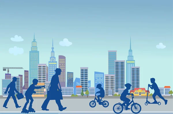 Gyermekek Kerékpározás Silhouette City Háttér — Stock Vector