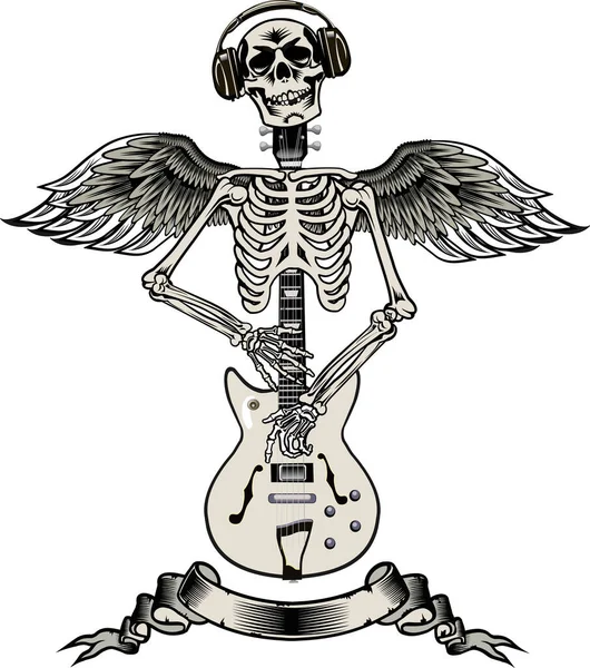 Guitarra Rock Esqueleto Dibujo Arte — Vector de stock