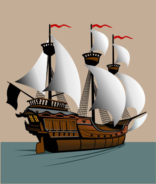 Парусный пиратский корабль с графическим векторным изображением паруса