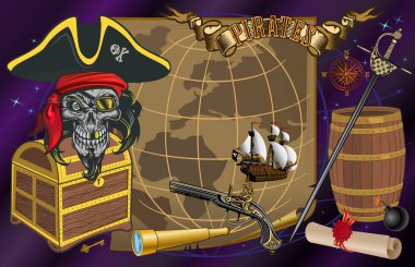 Jolly Roger Korsan kafatası ve deniz haritası