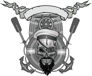 Sakallı ve bıyıklı denizci kafatası, denizci şapkası takıyor.