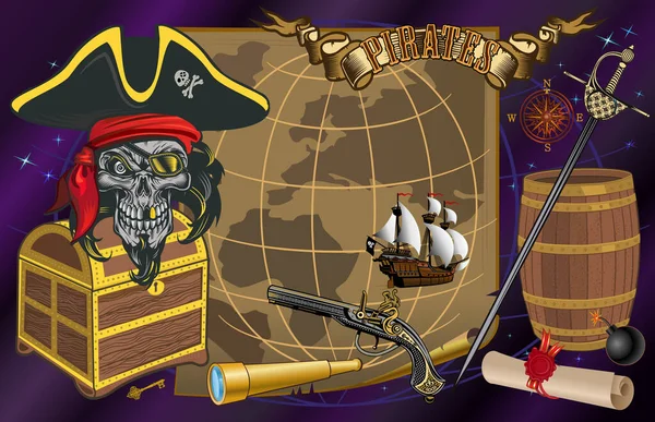 Jolly Roger Pirate Czaszka Mapa Morska — Wektor stockowy