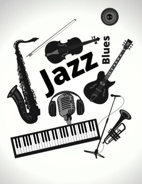 Siyah müzik aletleri elektro gitar klavye çift bas saksafon mikrofon beyaz zemin üzerinde izole. 