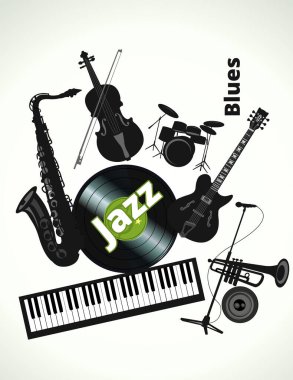 Siyah müzik aletleri elektro gitar klavye çift bas saksafon mikrofon beyaz zemin üzerinde izole.