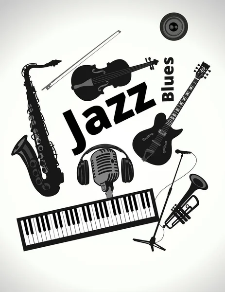 Siyah müzik aletleri elektro gitar klavye çift bas saksafon mikrofon beyaz zemin üzerinde izole. 