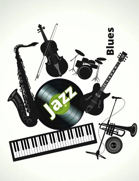 Siyah müzik aletleri elektro gitar klavye çift bas saksafon mikrofon beyaz zemin üzerinde izole.