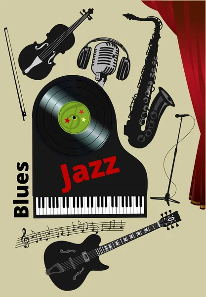 Siyah müzik aletleri elektro gitar klavye çift bas saksafon mikrofon beyaz zemin üzerinde izole. 