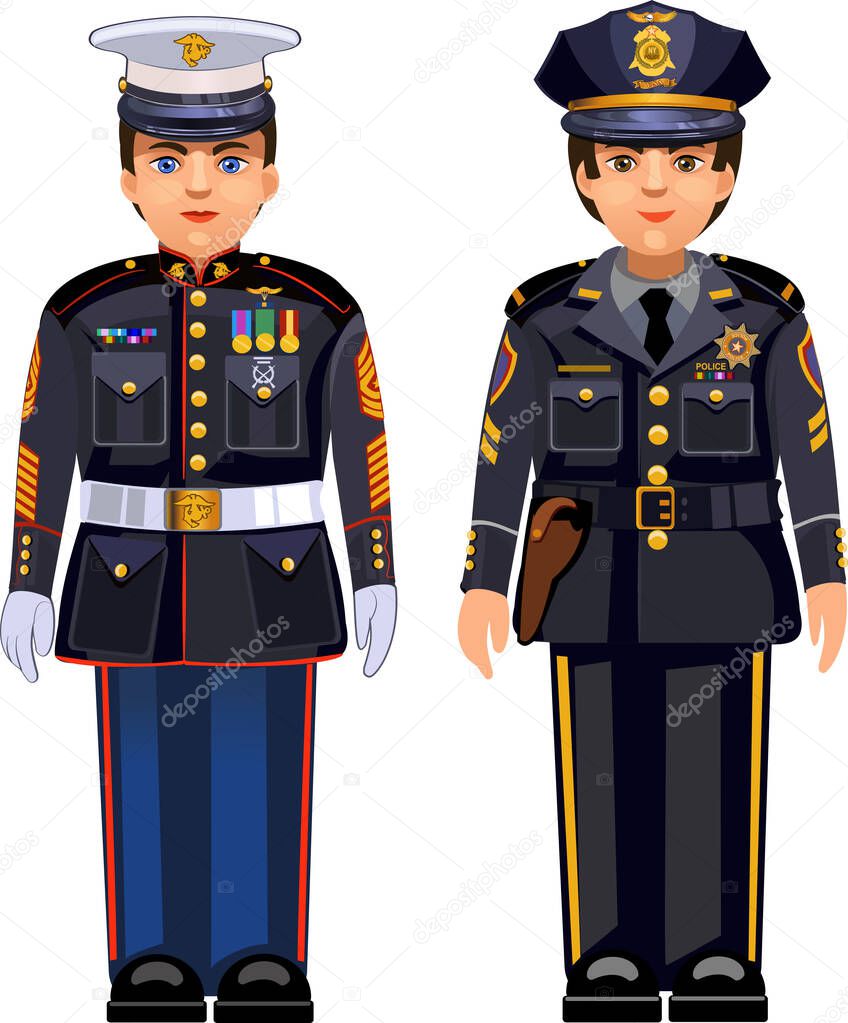 USA NYPD police officer American police cap and United States Marine Dress Blue Uniform