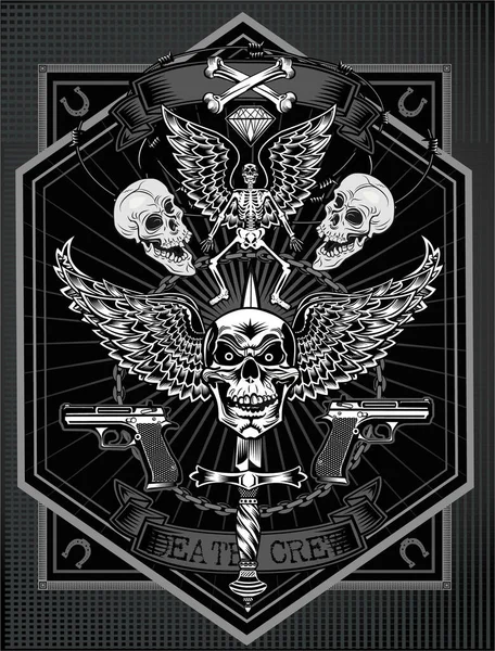 Antika etiket. Kafatası ve Tabancalar 