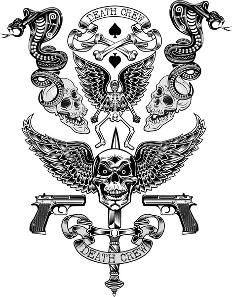 Antika etiket. Kafatası ve Tabancalar