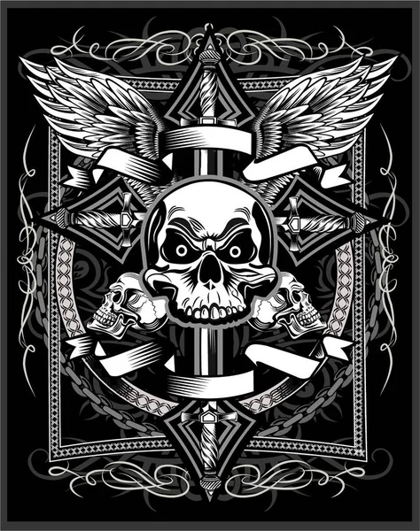 Vintage Label Skull Ornate Christian Cross Dagger Knife — Stock Vector