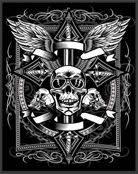 Vintage Label Skull Ornate Christian Cross Dagger Knife — Stock Vector